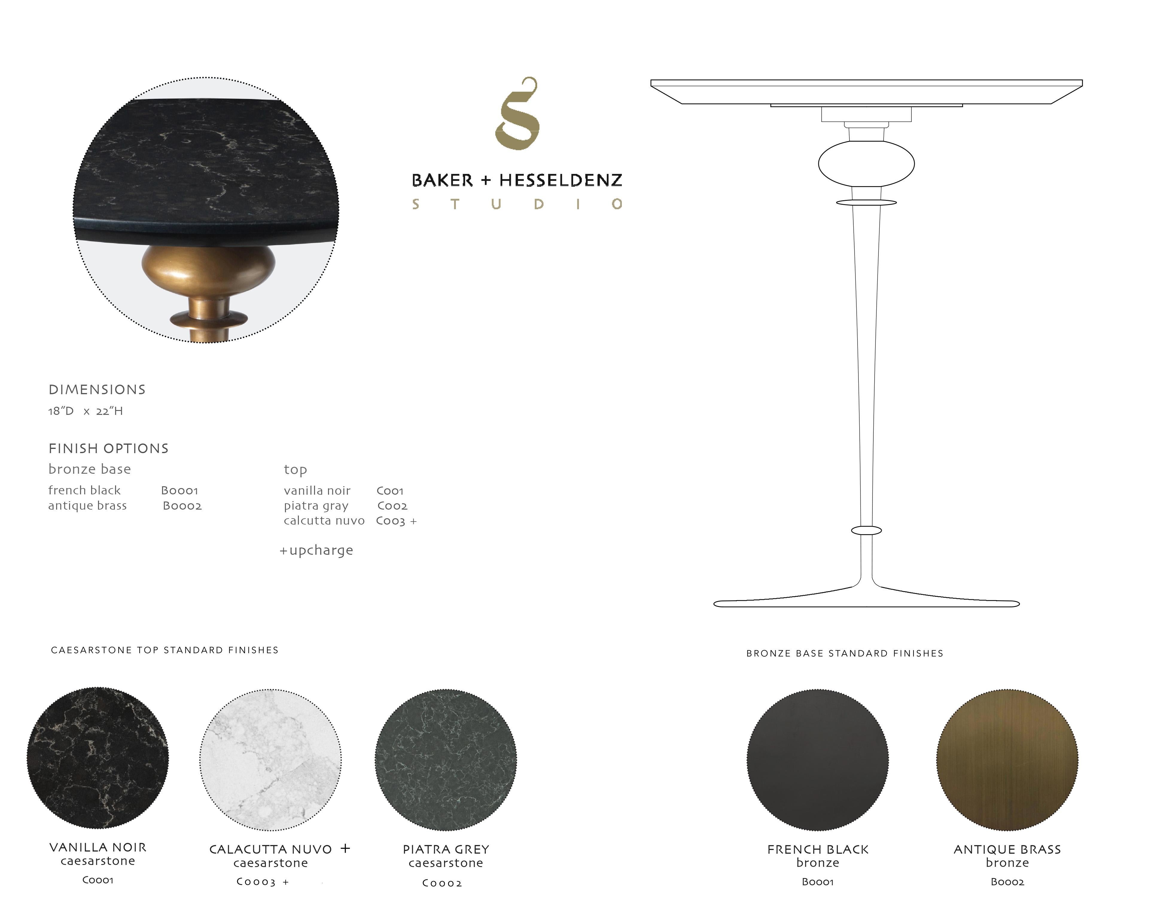 Modern Contemporary Minaret Pedestal Table, Hand Cast Bronze Base and Caesarstone Top For Sale