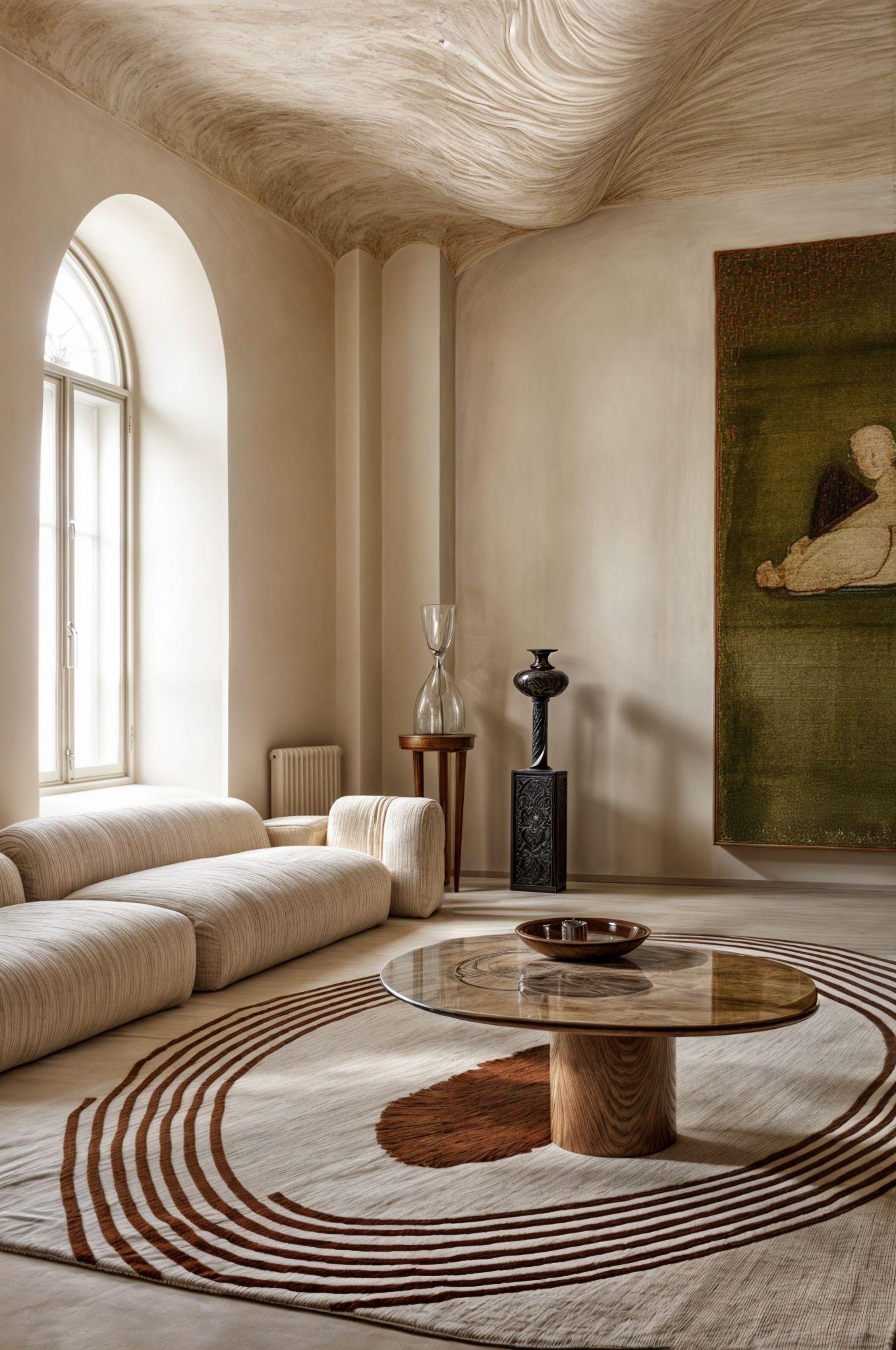Portuguese Contemporary Minimal Beige Rug Organic Pattern Brown & Red Circles For Sale