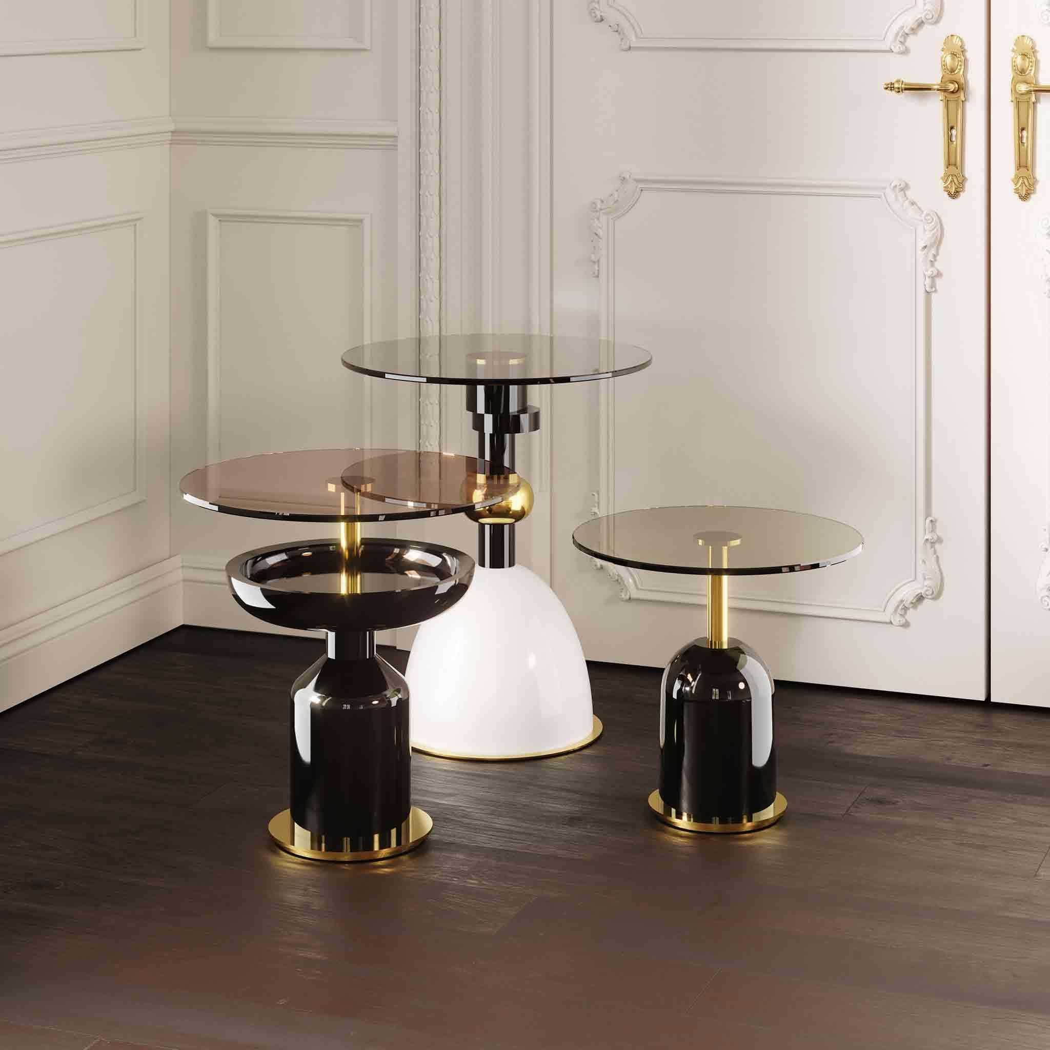 Polished Contemporary Minimal Black, White & Gold Round Side Table Set With Glass Top For Sale