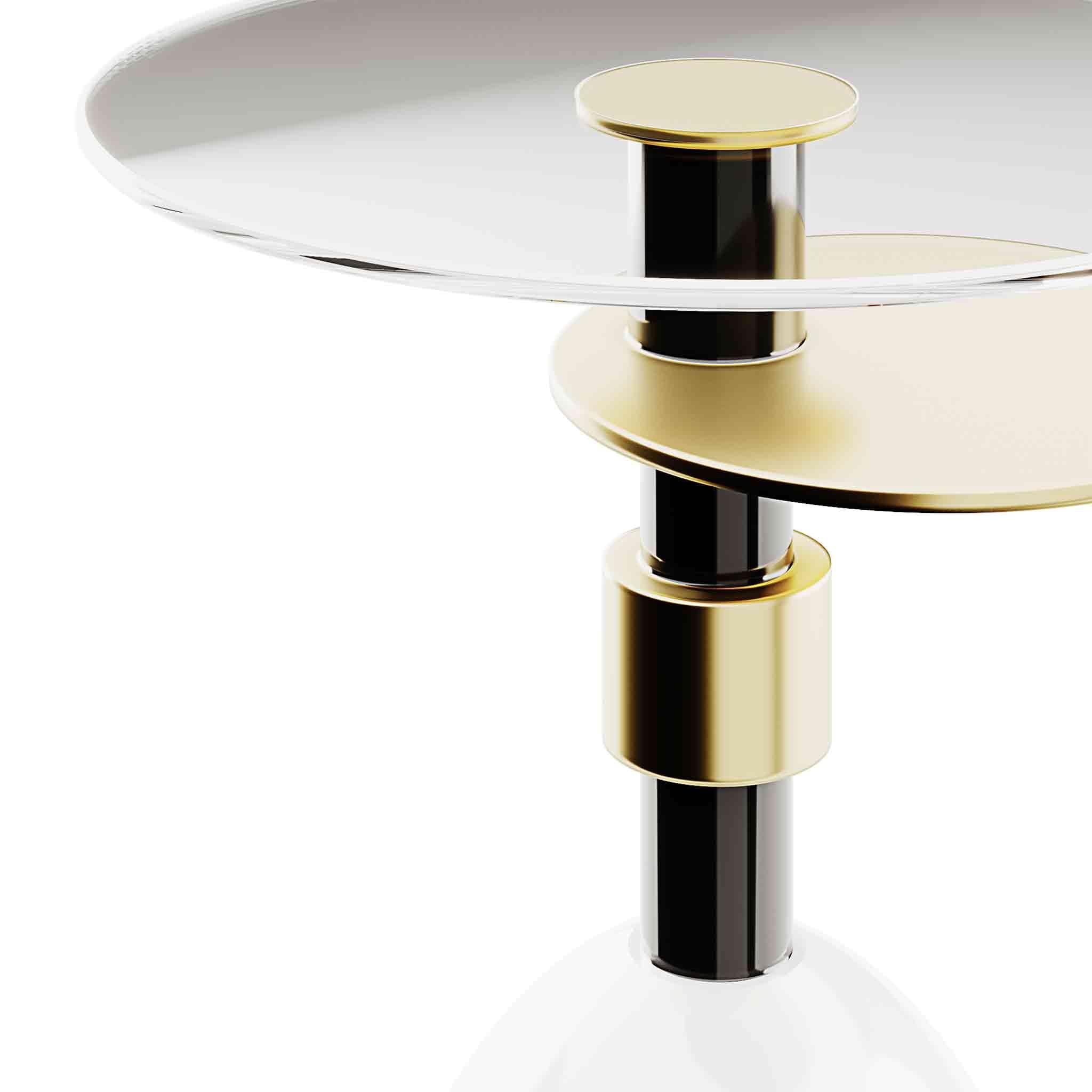 Wood Contemporary Minimal Black, White & Gold Round Side Table Set With Glass Top For Sale