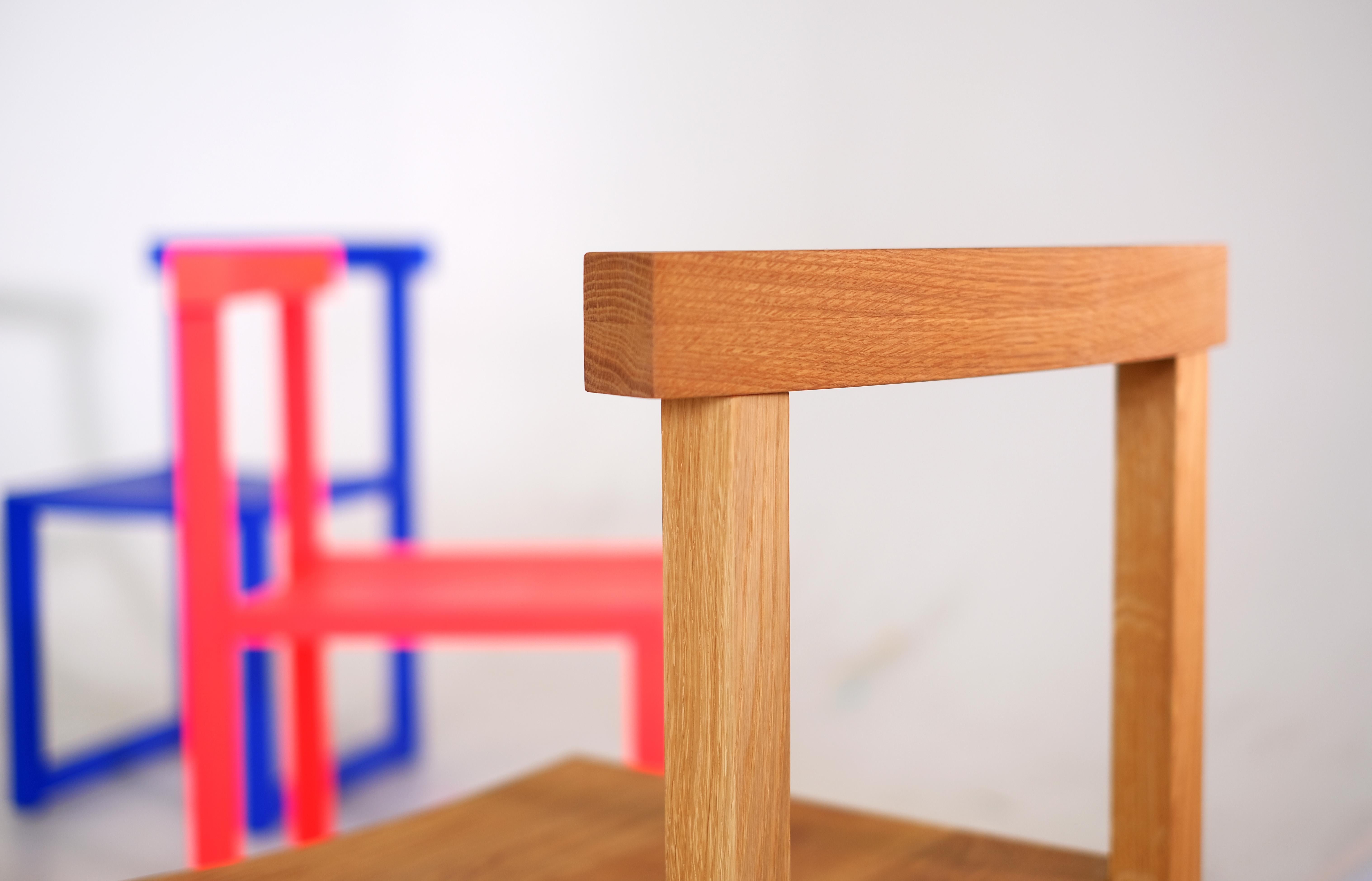 Klein chair. Lacquered solid ash and oiled white oak. Made in Chicago.

Natural White Oak
Matte Fluorescent Red
Satin Black
Matte Ultramarine Blue

Named for the historic, obsessive, pursuit of idealism, pigment, and beauty of artist Yves Klein.