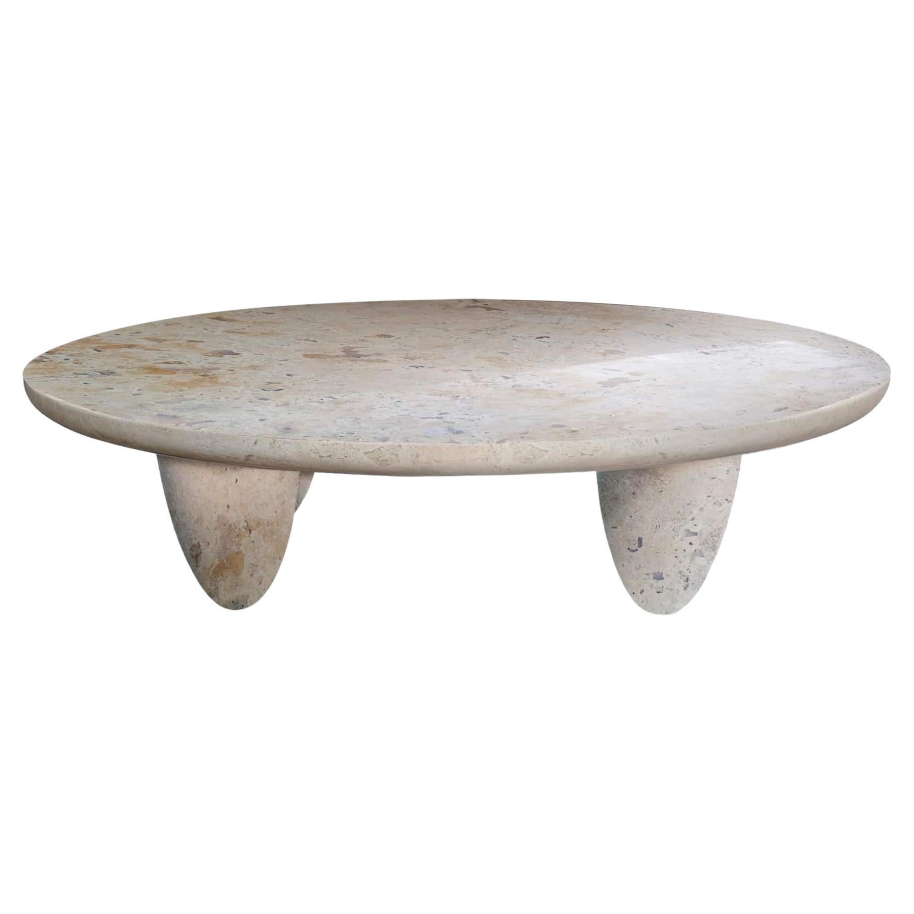Table centrale ronde contemporaine minimaliste Lunarys en résine et marbre travertin