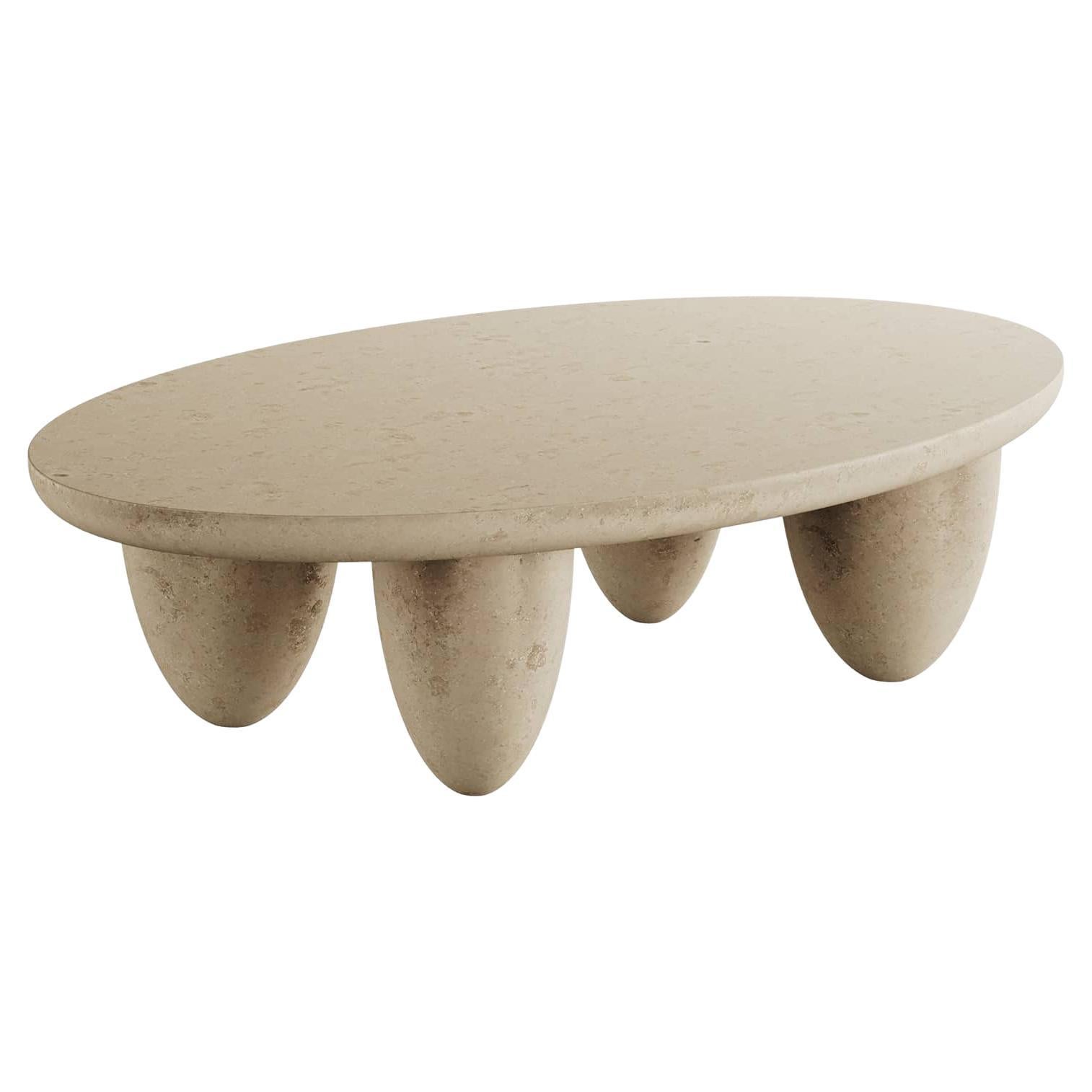Table basse ovale contemporaine minimaliste pour l'extérieur et l'intérieur Beige naturel pierre calcaire en vente