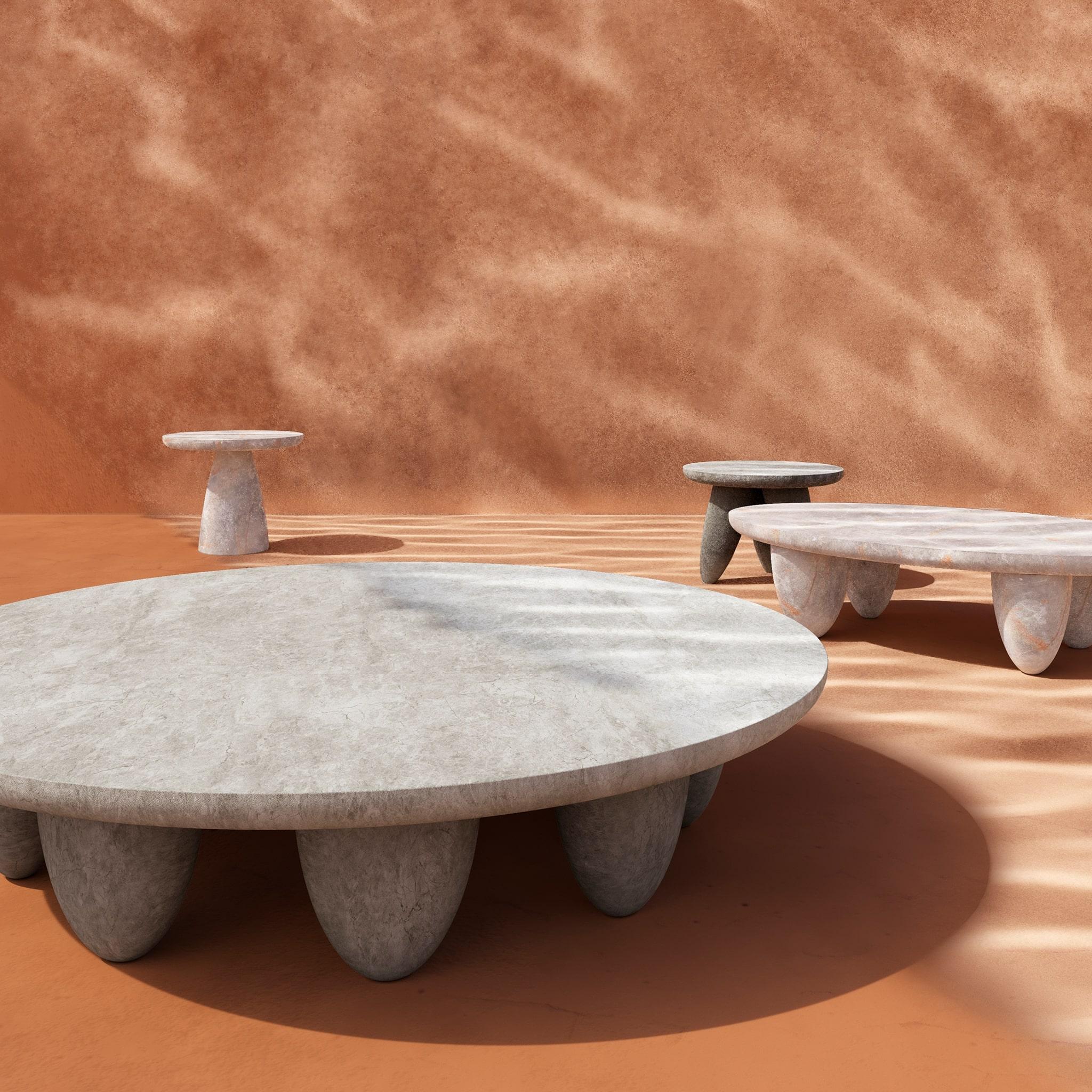 Fait main Table centrale ronde contemporaine minimaliste pour l'extérieur et l'intérieur en marbre Grigio Tundra en vente