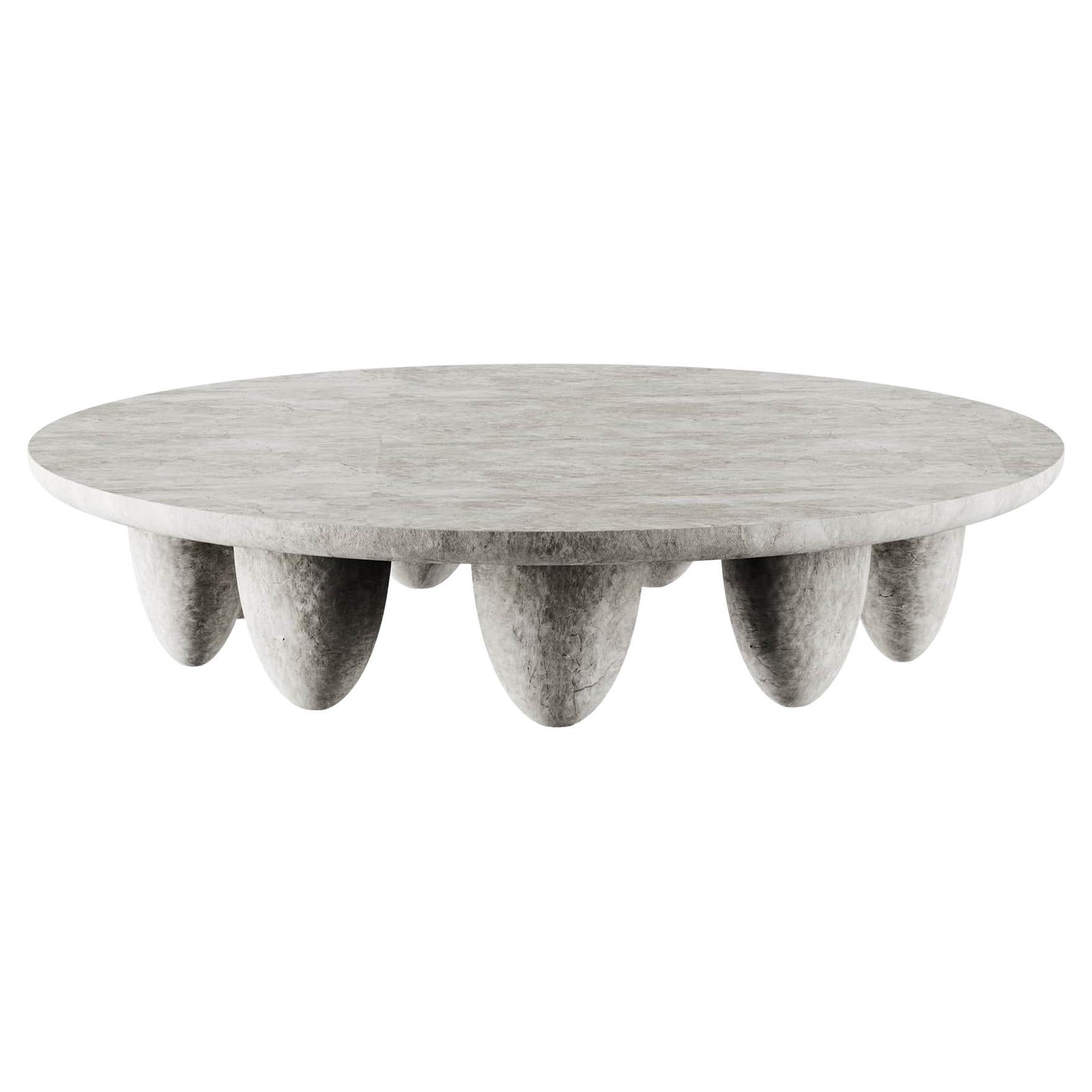 Contemporary Minimal Outdoor Indoor Round Center Table in Grigio Tundra Marble For Sale