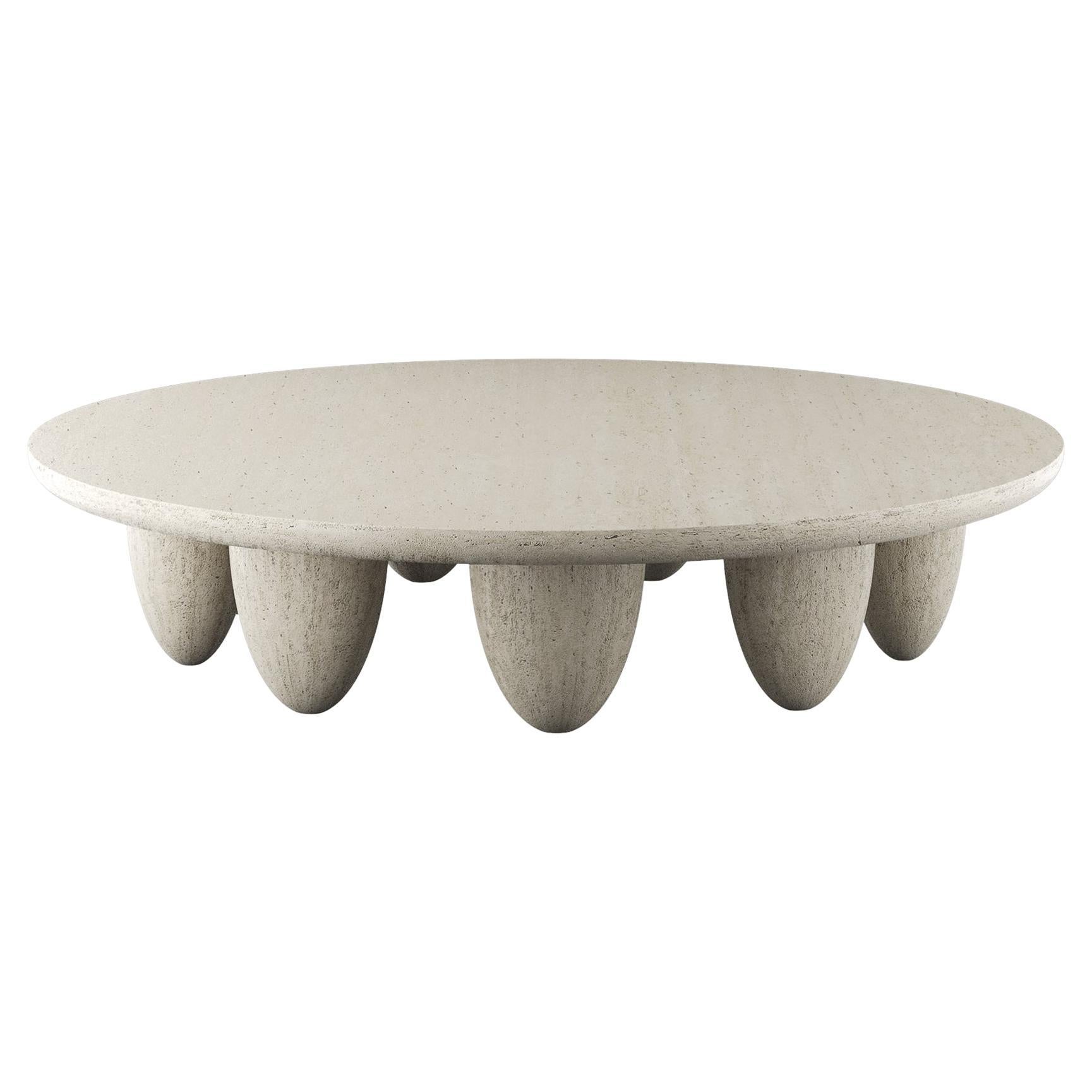 Table centrale ronde contemporaine minimaliste d'intérieur avec pieds en travertin