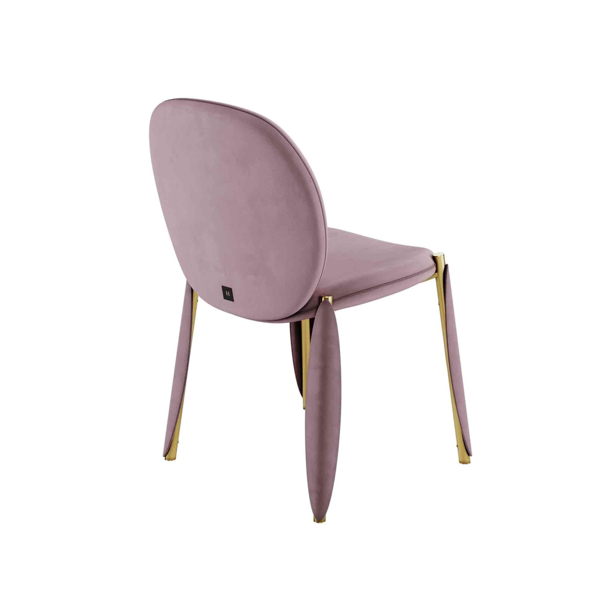 Modern Contemporary Minimal Pink Velvet Dining Chair with Polished Brass Structure For Sale
