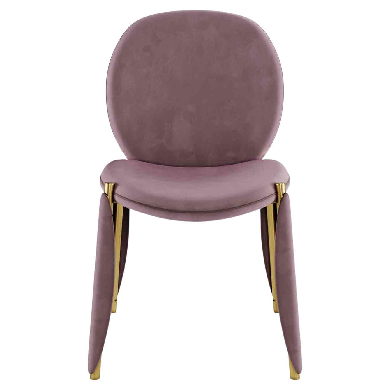 Contemporary Minimal Pink Velvet Dining Chair with Polished Brass Structure