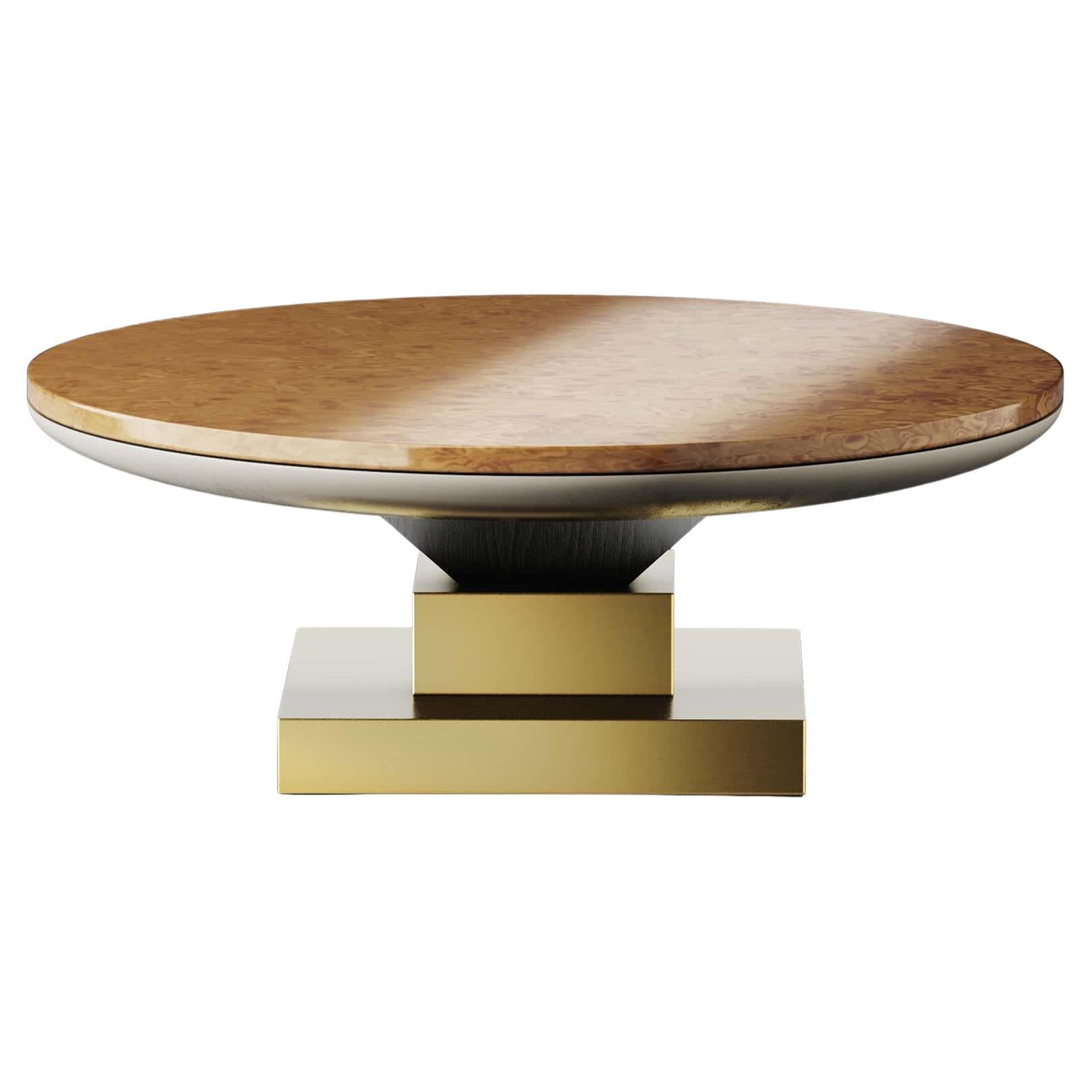 Contemporary Minimal Round Coffee Center Table, Brown Bird Eye Top, Brass Bottom