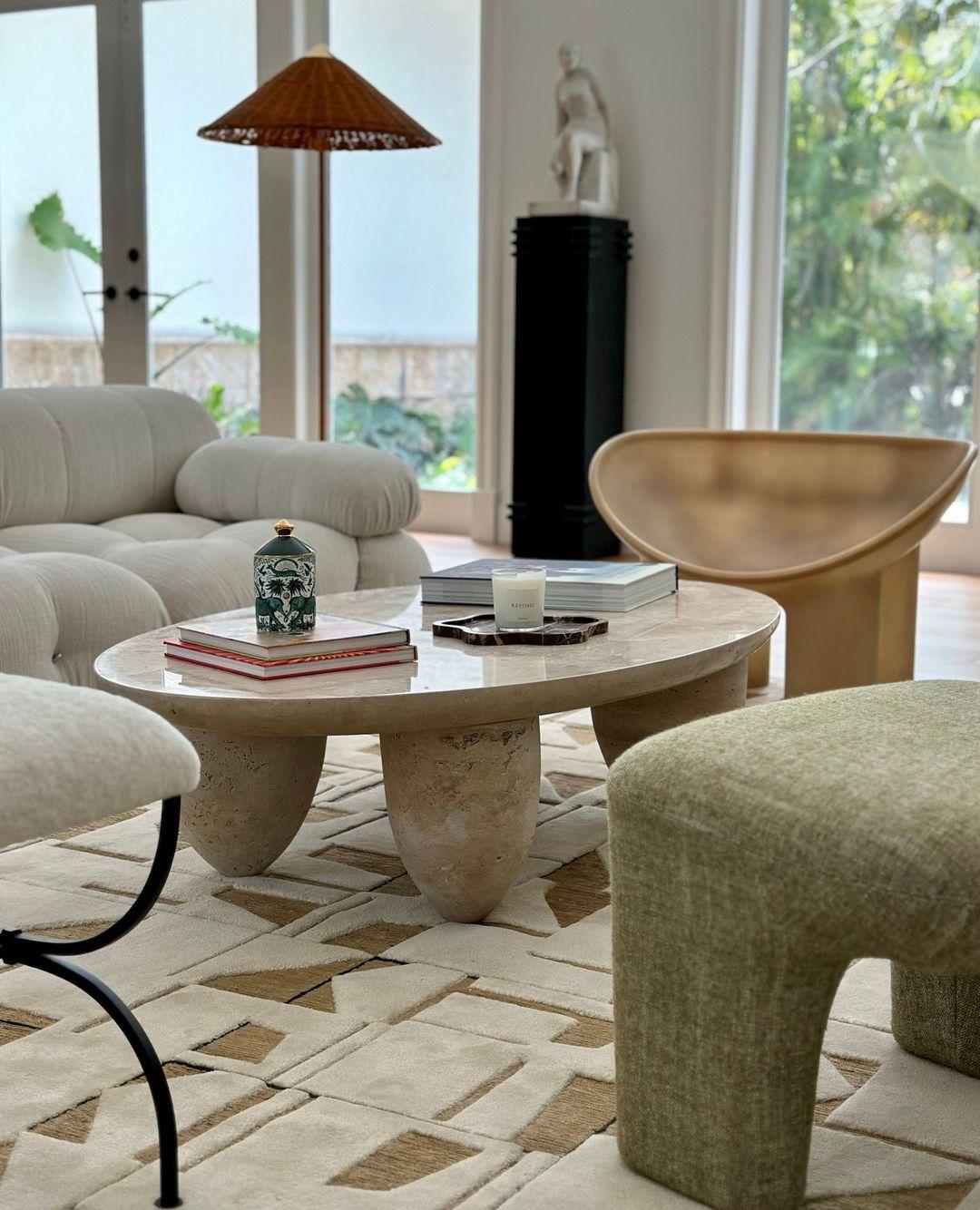 Contemporary Minimal Oval Coffee Center Table Travertine Stone Natural by HOMMÉS For Sale 1