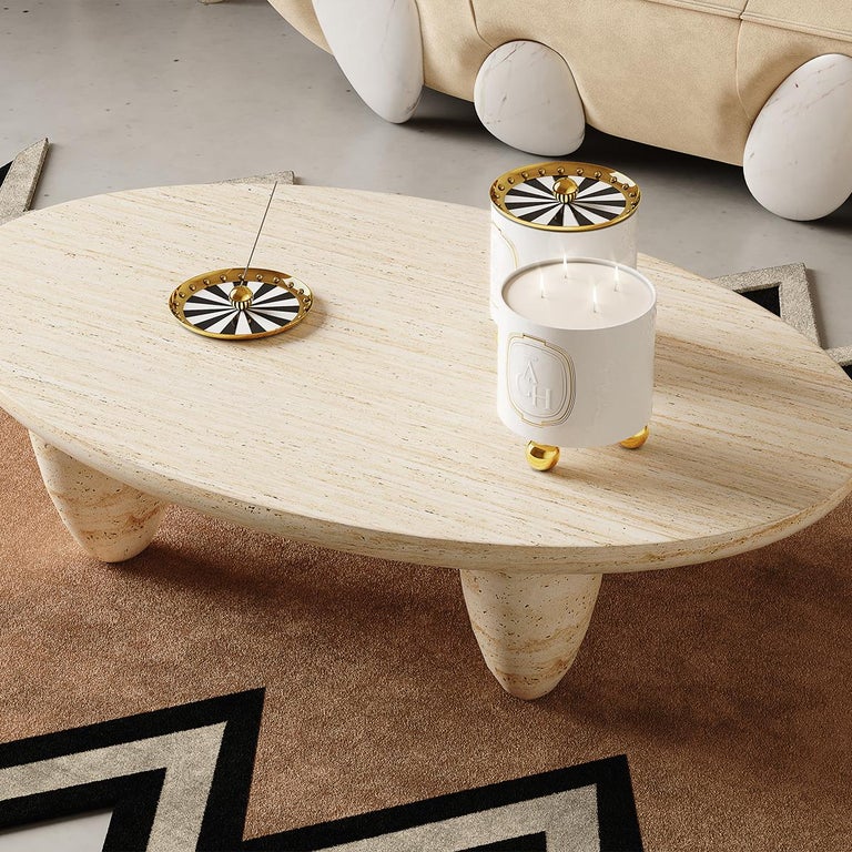 Contemporary Minimal Round Coffee Center Table in Travertine Stone Natural Pores For Sale 4