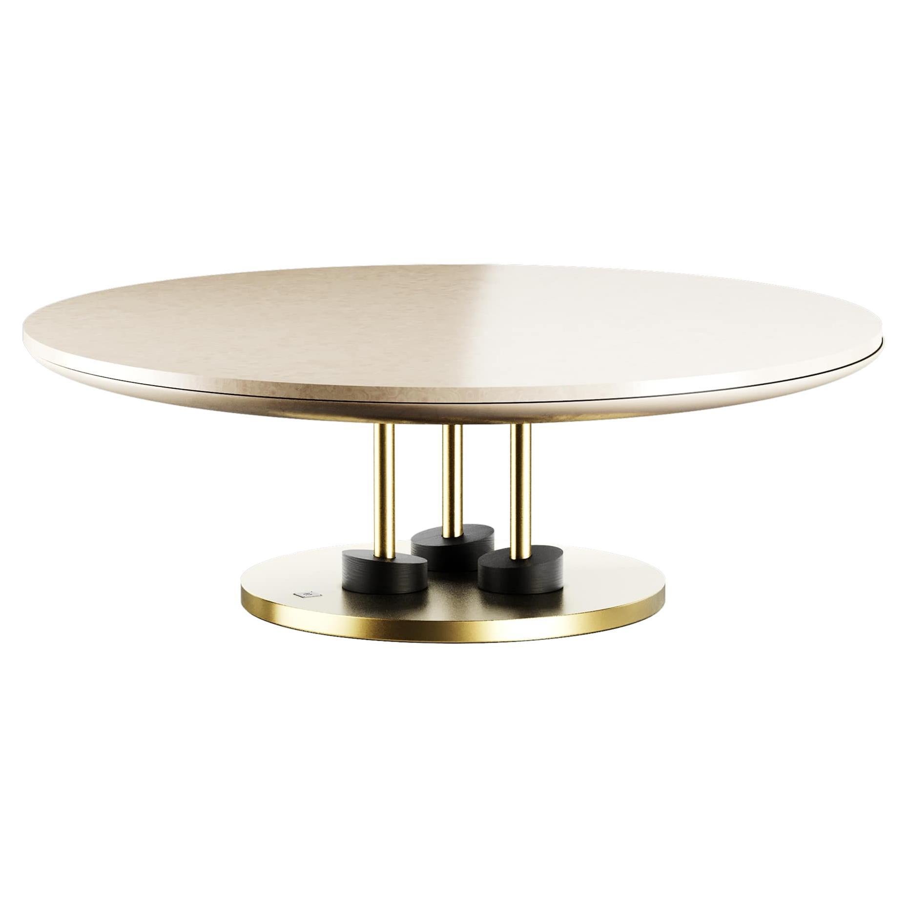 Contemporary Minimal Round Coffee Center Table, White Bird Eye Top, Brass Bottom