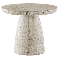 Antique Contemporary Minimal Round Coffee Side Table in Travertine Stone Natural Pores