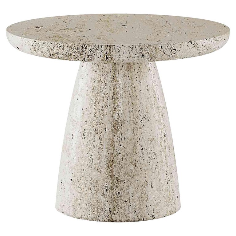Contemporary Minimal Round Coffee Side Table in Travertine Stone Natural Pores For Sale