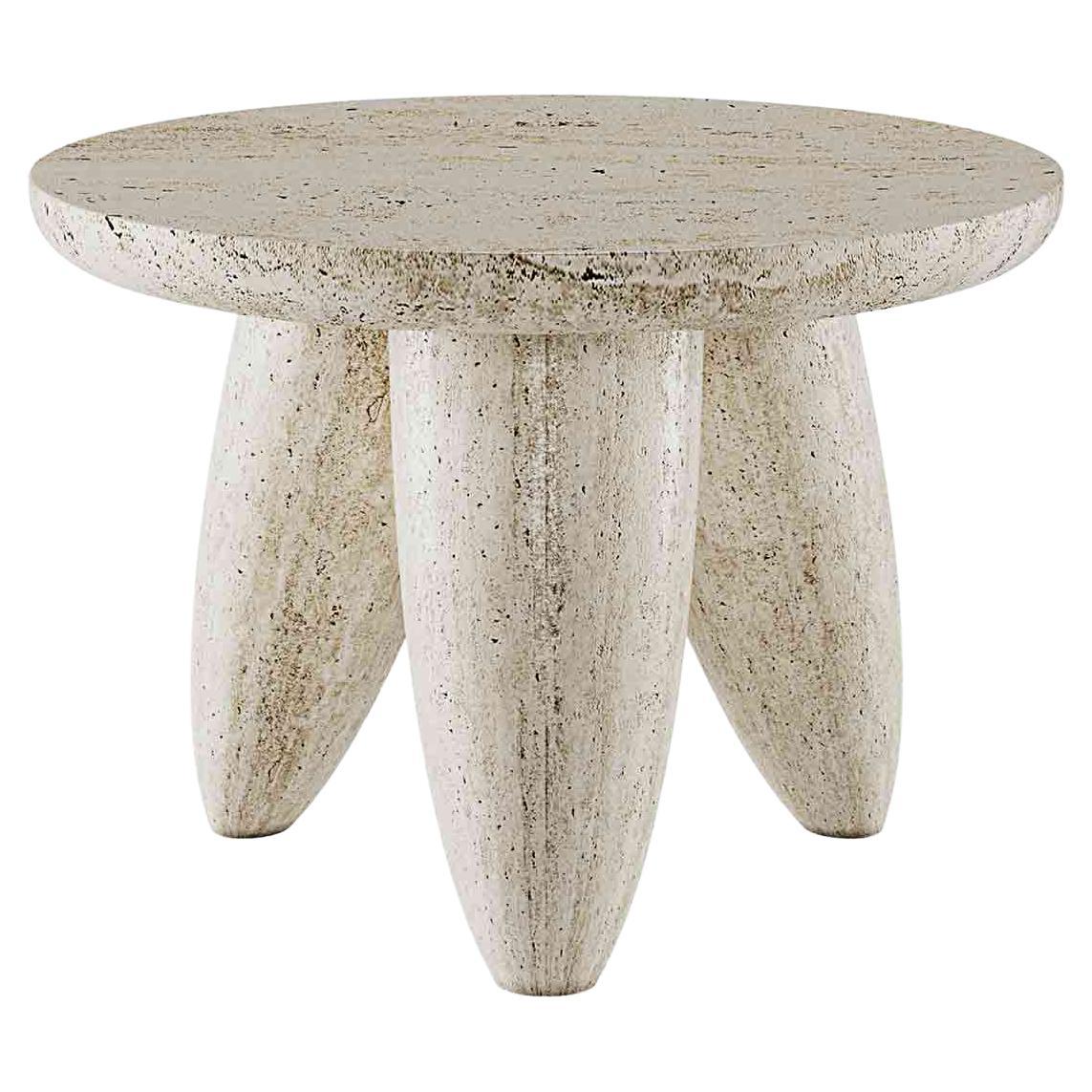 Contemporary Minimal Round Side Table 3 Legs in Travertine Stone Natural Pores en vente