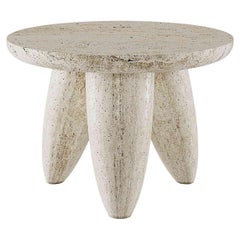 Contemporary Minimal Round Side Table 3 Legs in Travertine Stone Natural Pores