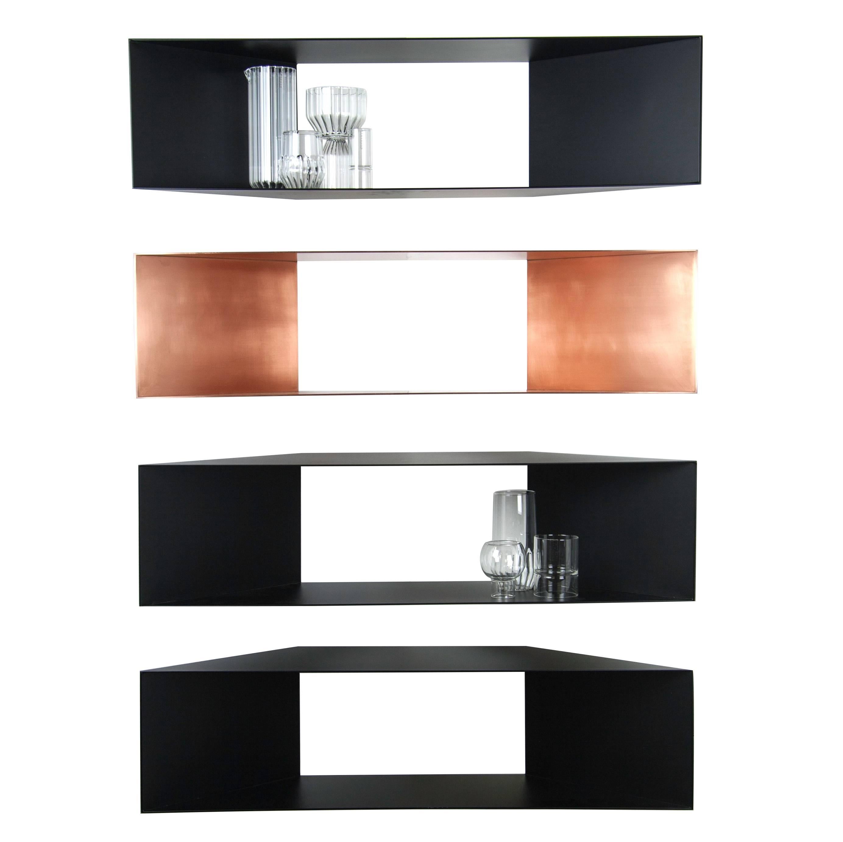 Contemporary Minimal Sculptural Metal Black and Copper Corner Shelves
