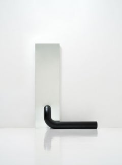 Contemporary Minimal Time of Action Mirror in Glass and Black Wood