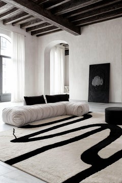 Contemporary Minimal White Rug Organic Black Pattern