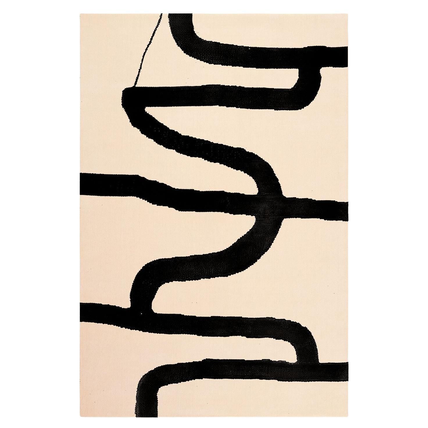 Contemporary Minimal White Rug Organic Black Pattern
