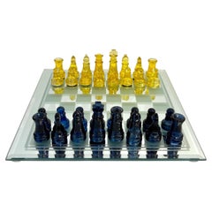 Contemporary Minimalist Blue & Yellow Murano Glass Chess Set on Mirrored Board