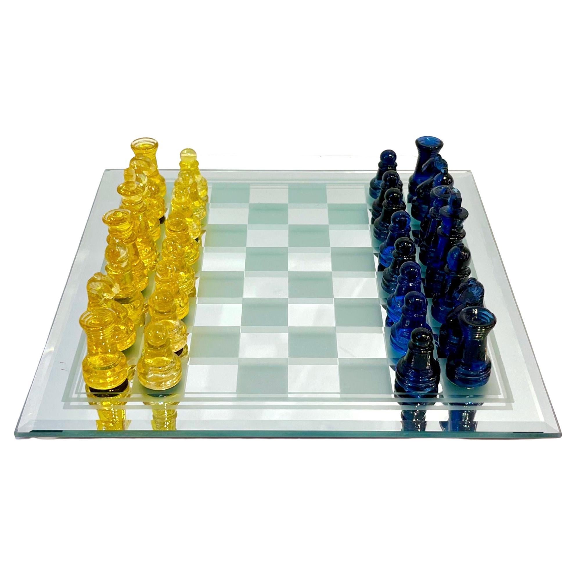 blue glass chess set