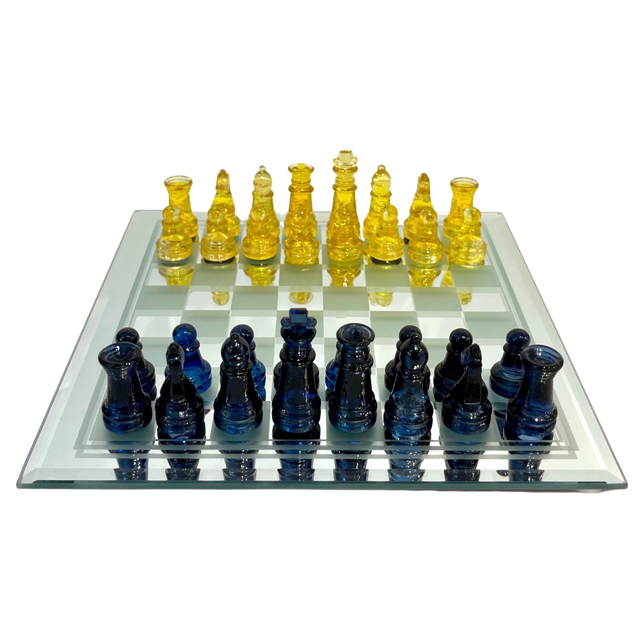Contemporary Minimalist Blue 
Yellow Murano Glass Chess Set on Mirrored Board