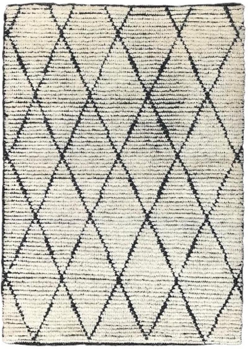 Indian Post Modern Organic Diamond Pattern Hand-Knotted Cream Wool Rug For Sale