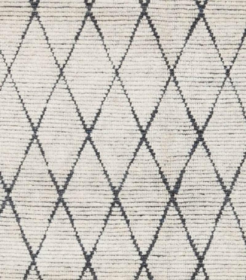 Organic Modern Contemporary Minimalist Diamond Pattern Hand-Knotted Cream Wool Rug For Sale