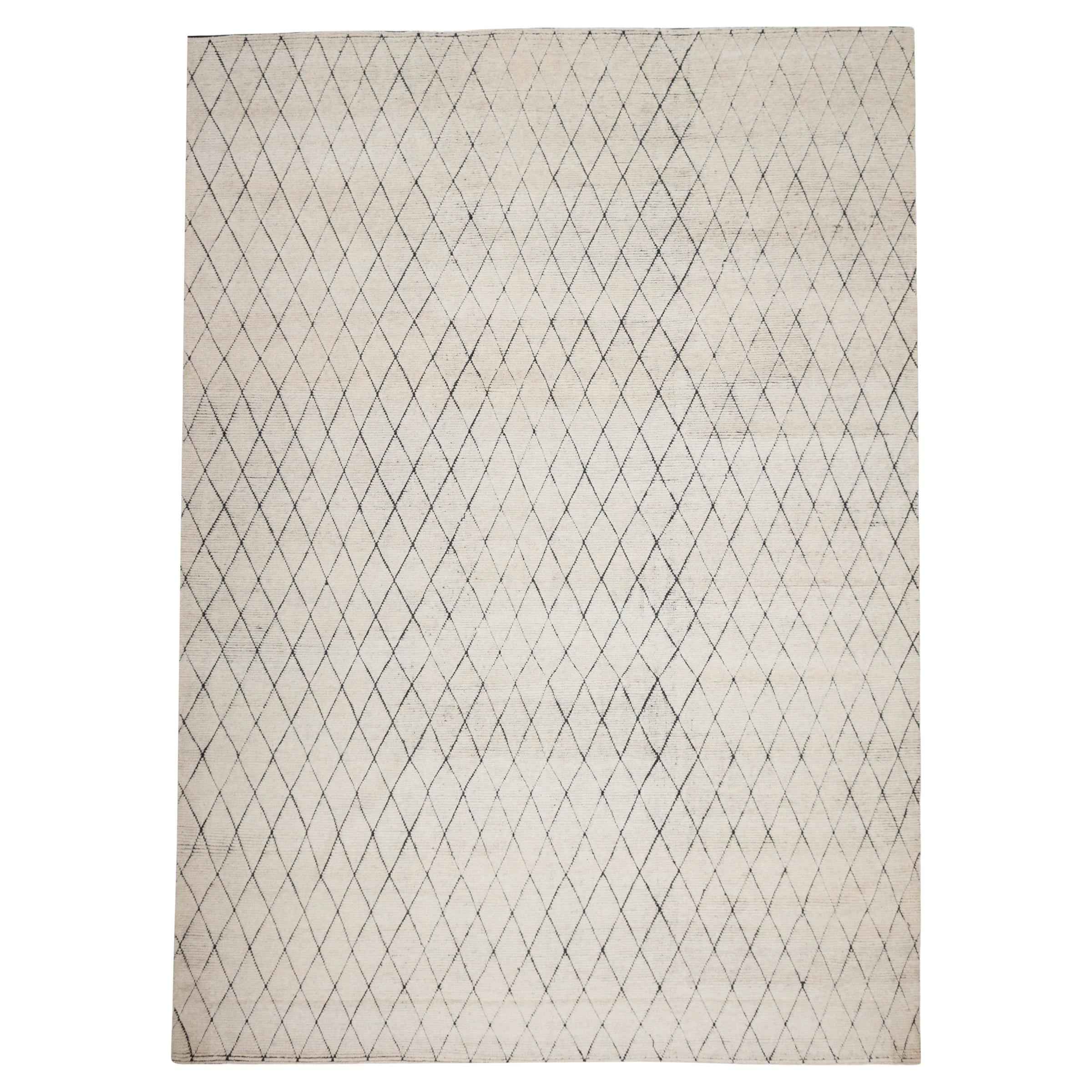Post Modern Organic Diamond Pattern Hand-Knotted Cream Wool Rug For Sale