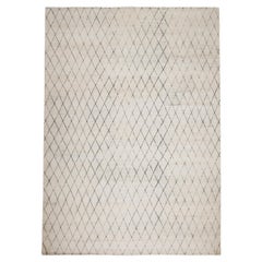 Contemporary Minimalist Diamond Pattern Hand-Knotted Cream Wool Rug