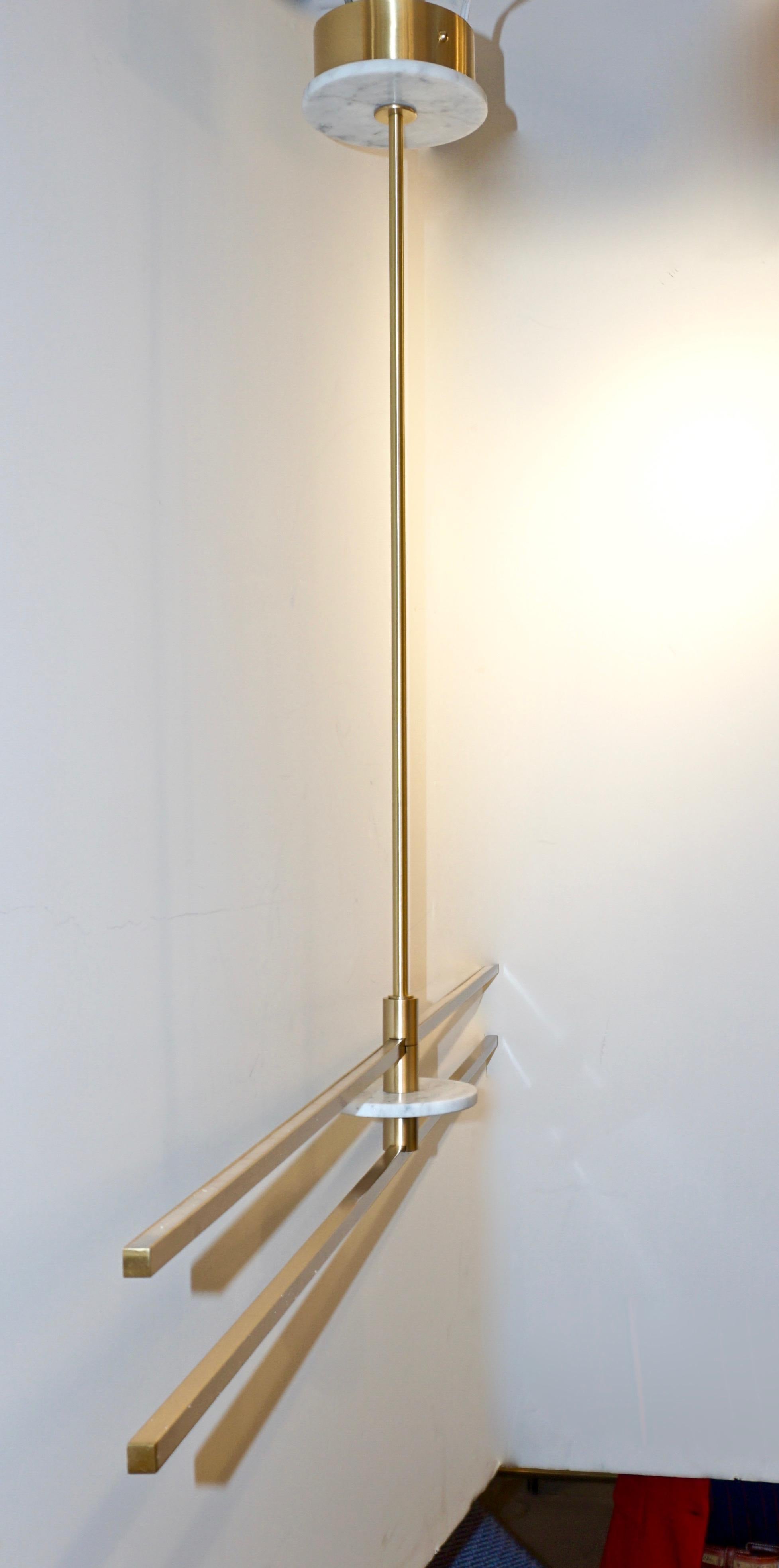 Contemporary Minimalist Geometric White Marble Satin Brass Chandelier or Pendant In New Condition In New York, NY