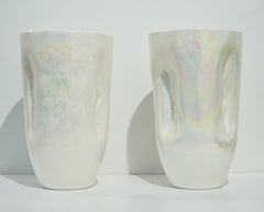 Contemporary Minimalist Iridiscent Pearl White Murano Glass Pair of Modern Vases