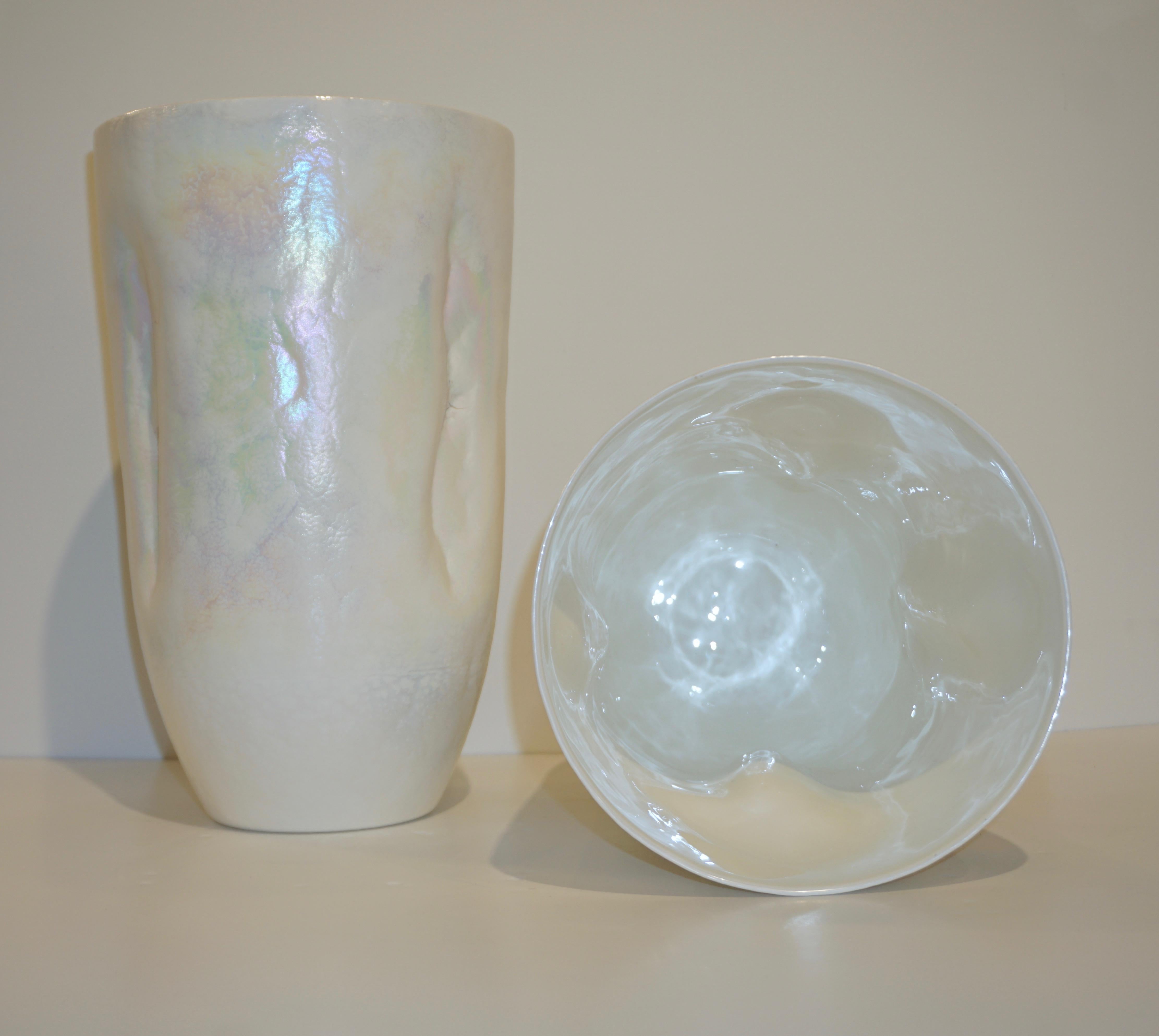 Organic Modern Contemporary Minimalist Iridiscent Pearl White Murano Glass Pair of Modern Vases