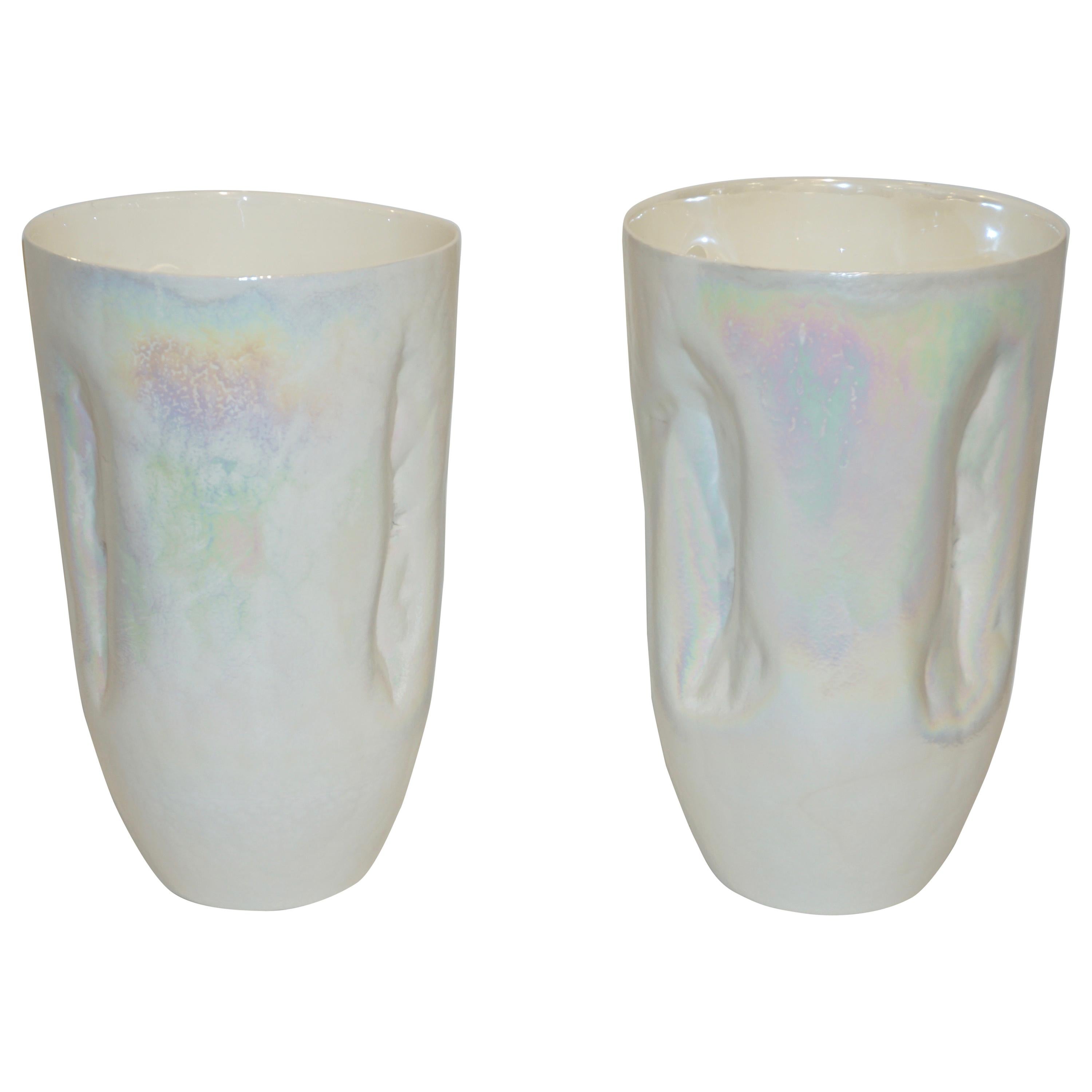 Contemporary Minimalist Iridiscent Pearl White Murano Glass Pair of Modern Vases