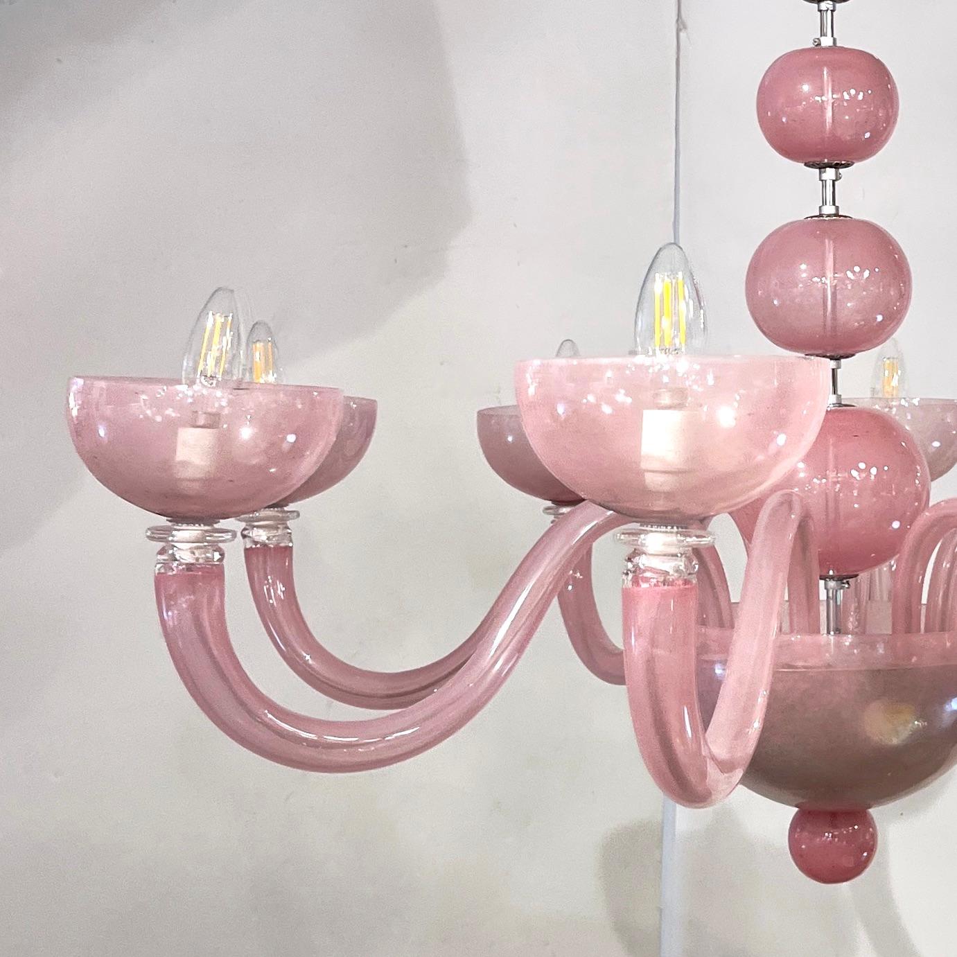 Contemporary Minimalist Italian 8-Arm Pink Murano Glass Modern Nickel Chandelier im Angebot 2
