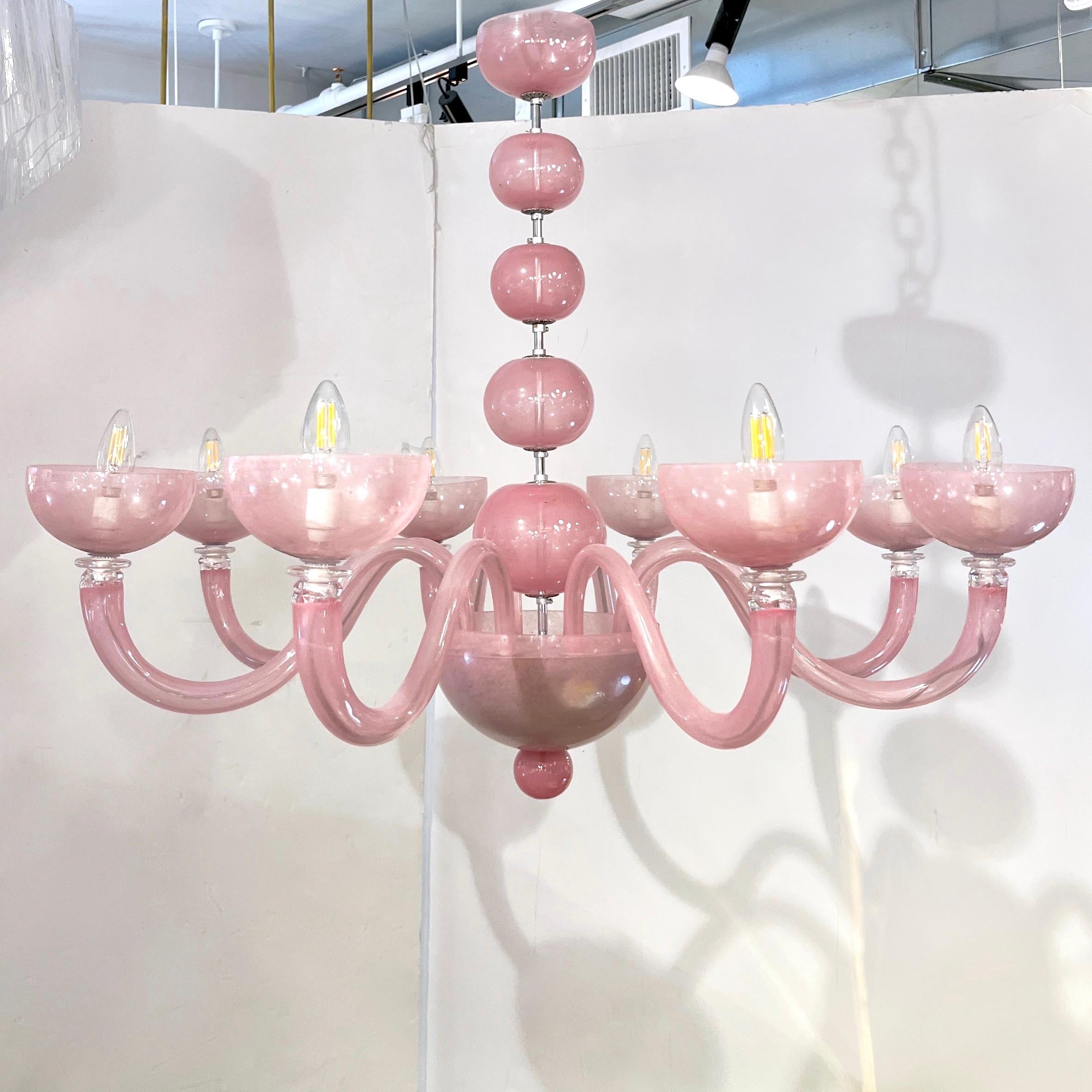 Contemporary Minimalist Italian 8-Arm Pink Murano Glass Modern Nickel Chandelier im Angebot 3