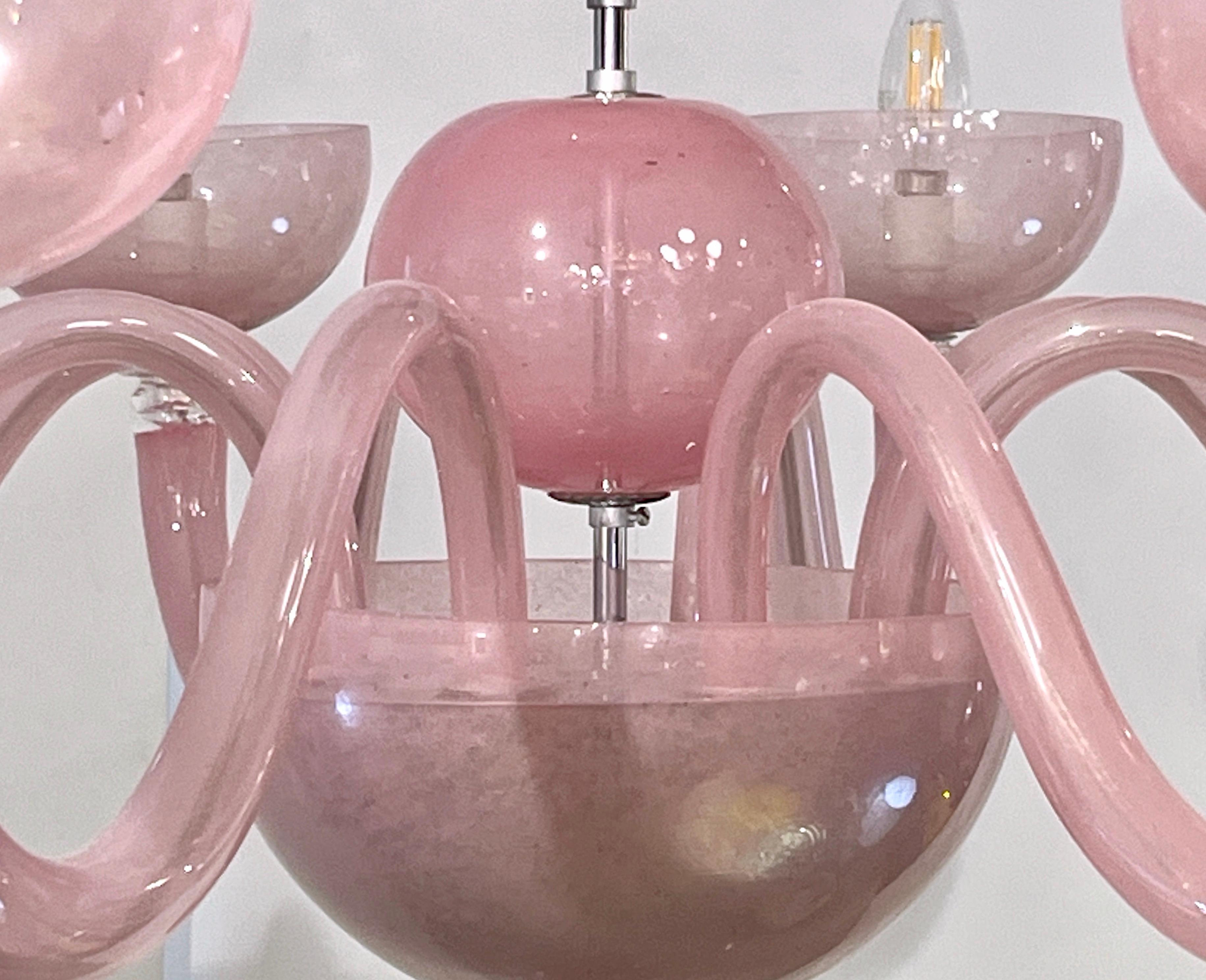 Contemporary Minimalist Italian 8-Arm Pink Murano Glass Modern Nickel Chandelier im Angebot 8