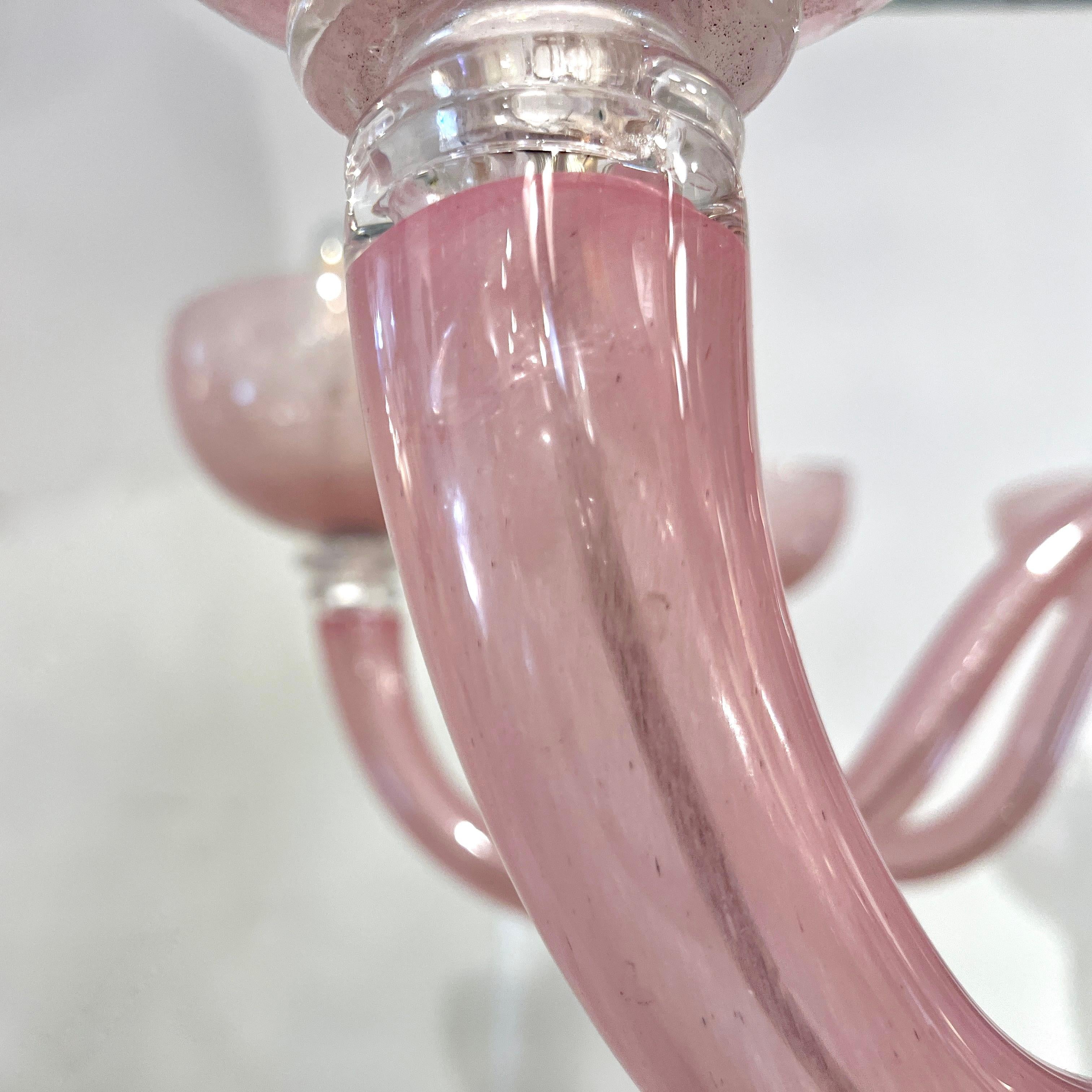 Contemporary Minimalist Italian 8-Arm Pink Murano Glass Modern Nickel Chandelier im Angebot 9