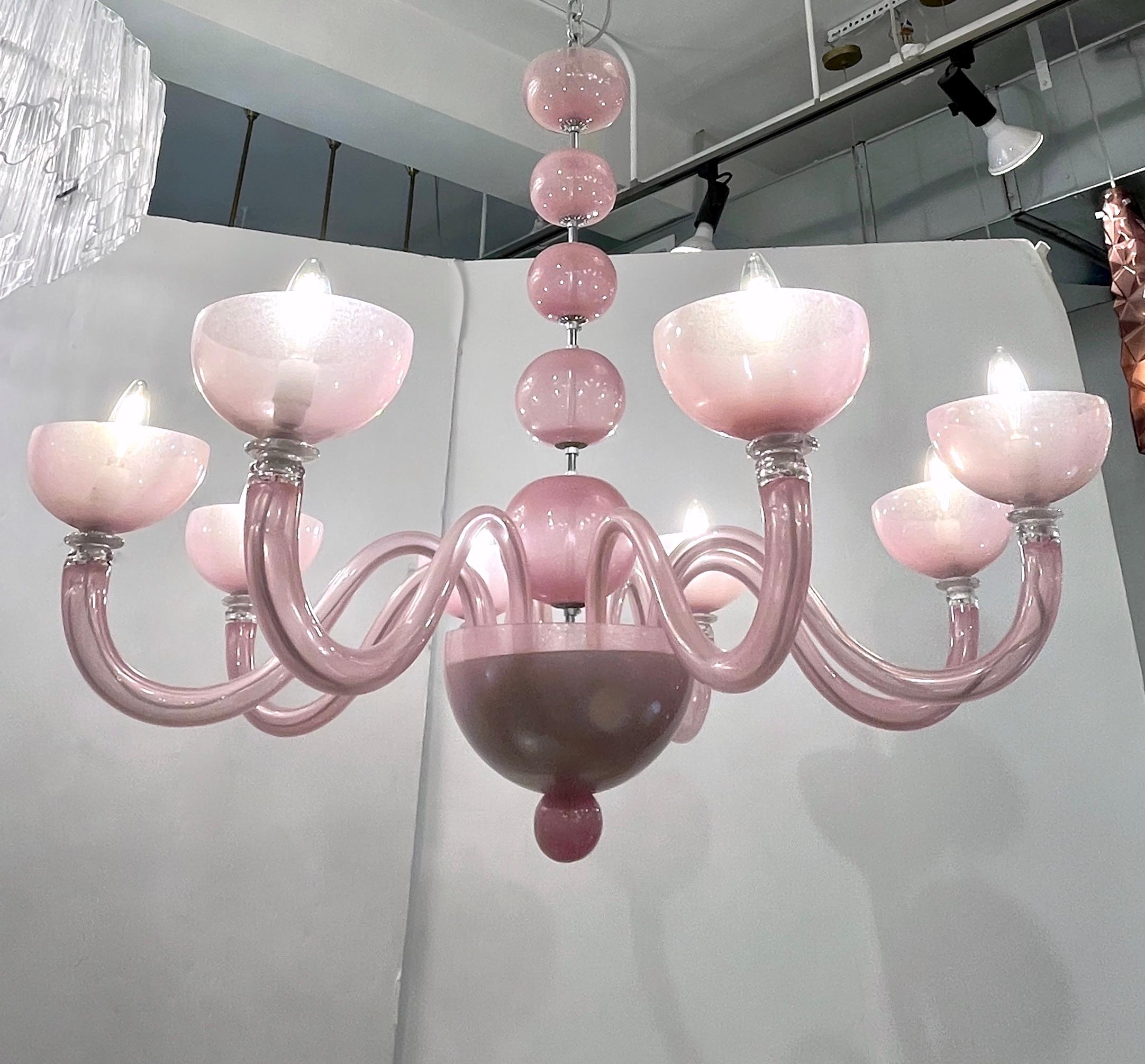Contemporary Minimalist Italian 8-Arm Pink Murano Glass Modern Nickel Chandelier im Angebot 11