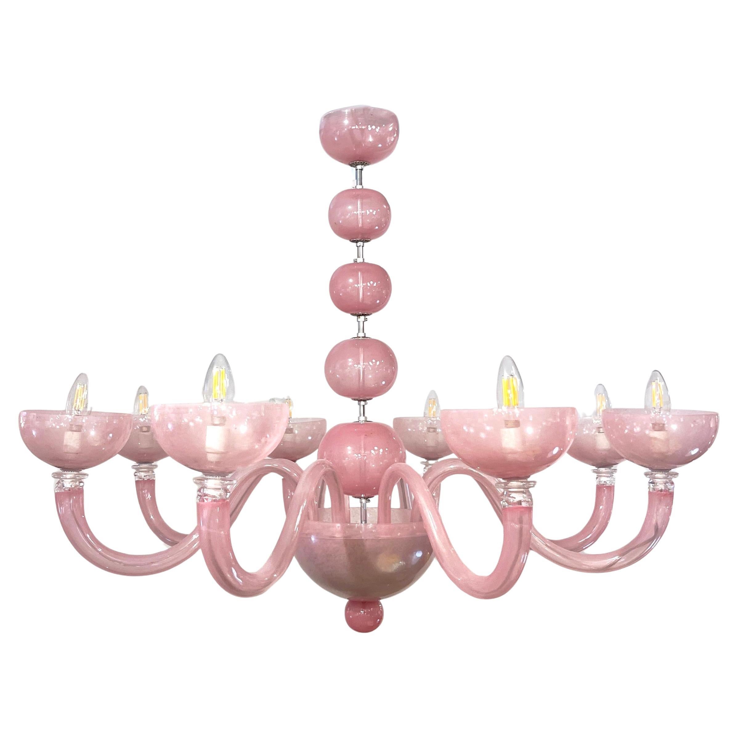Contemporary Minimalist Italian 8-Arm Pink Murano Glass Modern Nickel Chandelier im Angebot