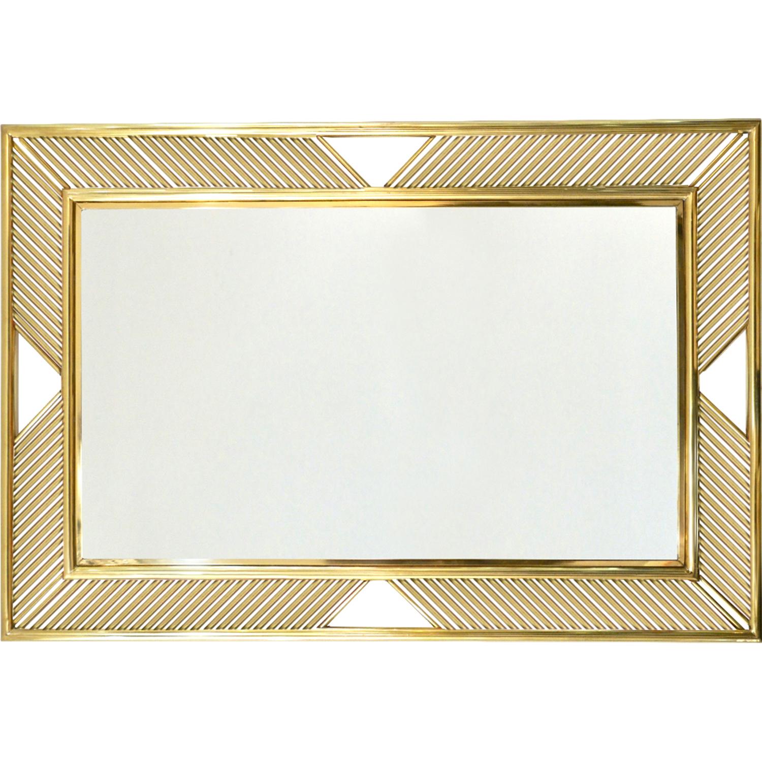 Airy minimal design mirror, entirely handcrafted in Italy, with a contemporary modern double brass frame adorned with elegant gold brass baguettes in a lattice like organic decor. The craftsmanship is of high quality with attention to details like