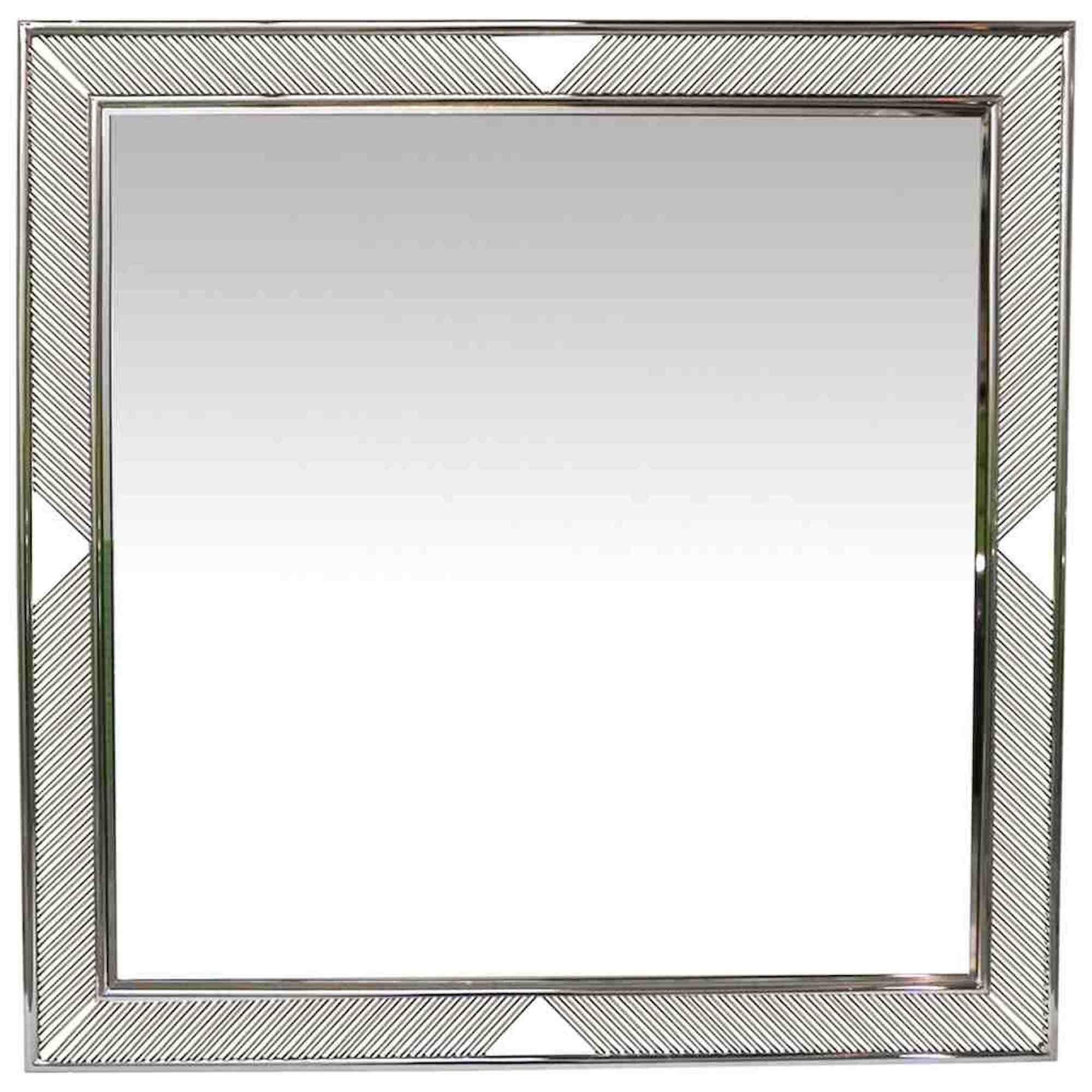 Contemporary Minimalist Italian Nickel Mirror with Modern Baguette Fretwork