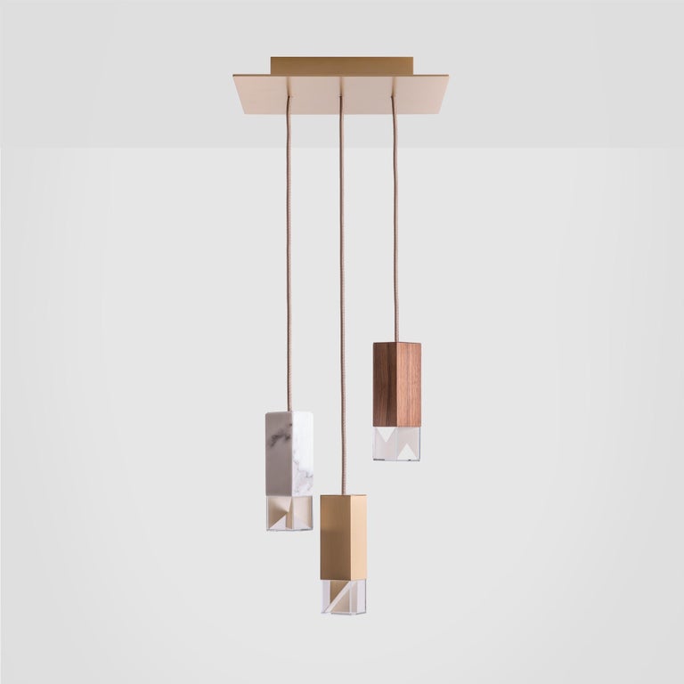 Modern 3 Light Chandelier Handmade in Brass, Marble and Walnut by