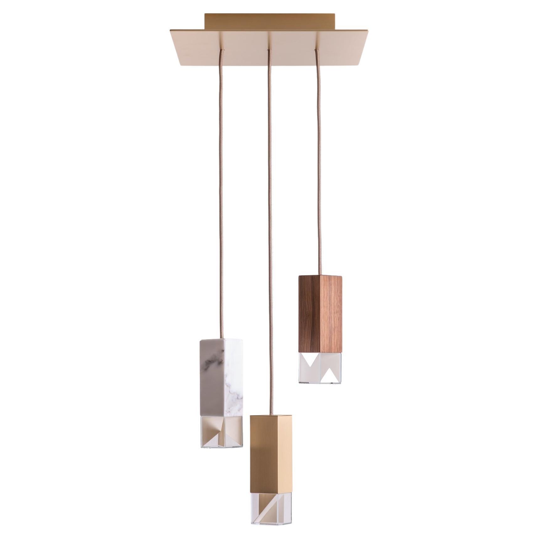 Modern 3 Light Chandelier Handmade in Brass, Marble and Walnut by Formaminima