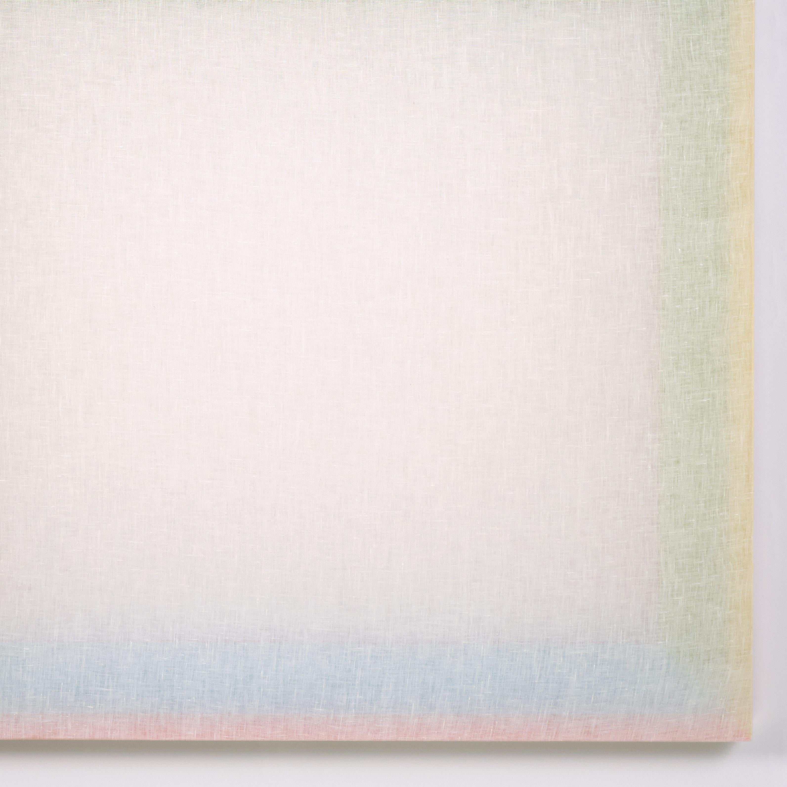 This painting emanates from inside the stretcher frame, casting subtle hues of color onto a pristine linen surface. The viewers' proximity and the intensity of ambient light keep the painting in a kind of Minimalist flux. 

