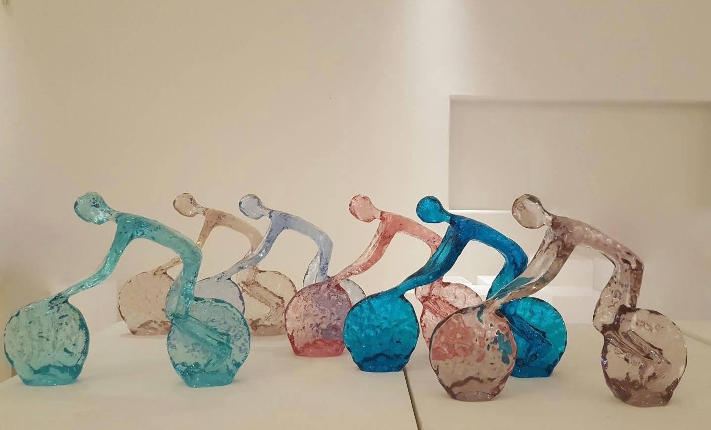 Contemporary Minimalist Purple Sky Blue Cherry Lucite Sculptures of Cyclists 4