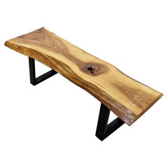 Retro Contemporary Minimalist Rectangular Live Edge Elm Wood Coffee Table Bench Seat