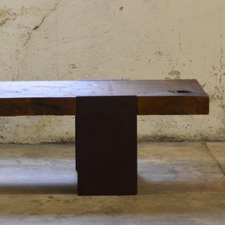 American Contemporary Minimalist Rustic Wood and Steel Bench by Scott Gordon For Sale