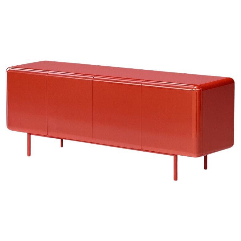 Contemporary Minimalist Sideboard With Rounded Edges In High Gloss Red Lacquer For Sale